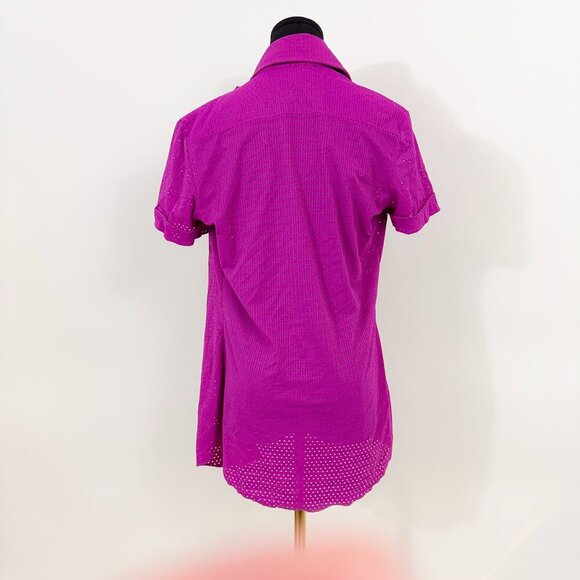 JEAN PAUL GAULTIER JPG MAGENTA PINK PURPLE BUTTON UP COLLARED SHIRT WITH RUFFLES - Picture 2 of 7